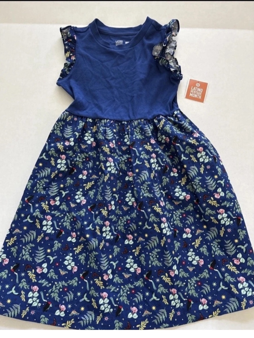 Latino Heritage Month Blue Floral Bird Dress Sz Large 10/12
